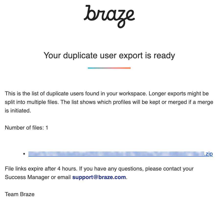 An email from Braze with a link to the generated CSV file.