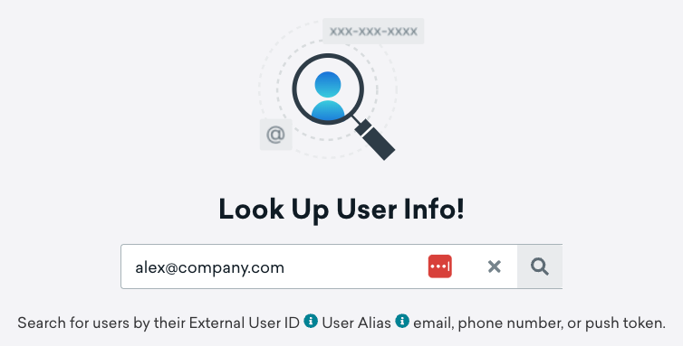The "User Search" page in the Braze dashboard with an email entered in the search bar.