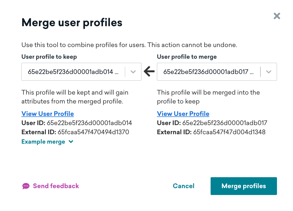 The individual merge page for a duplicate profile.