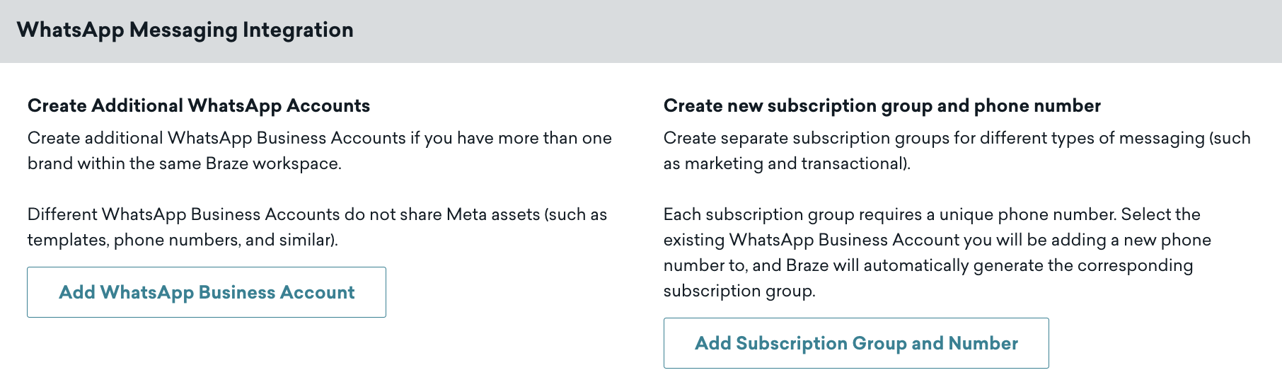 WhatsApp Messaging Integration section with options to add a business account or add a subscription group and number.