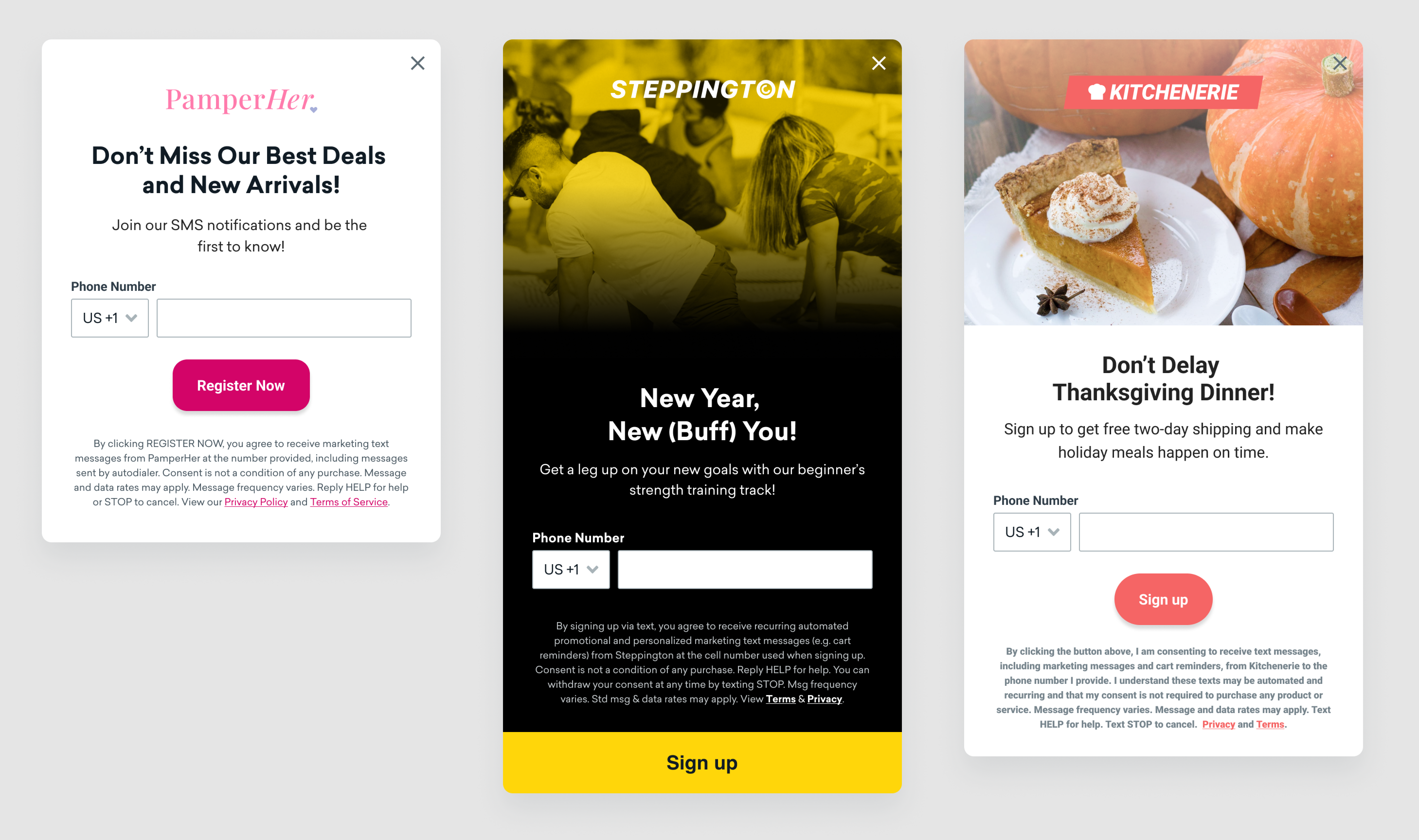 Three examples of in-app messages created using the phone sign-up form template.