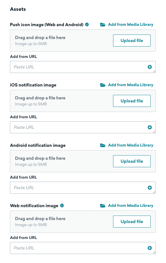 Assets section of the single editing view with fields for Push Icon Image, iOS notification image, Android notification image, and Web notification image.
