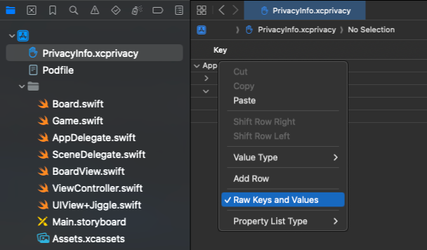 An Xcode project with the context menu open and "Raw Keys and Values" highlighted.