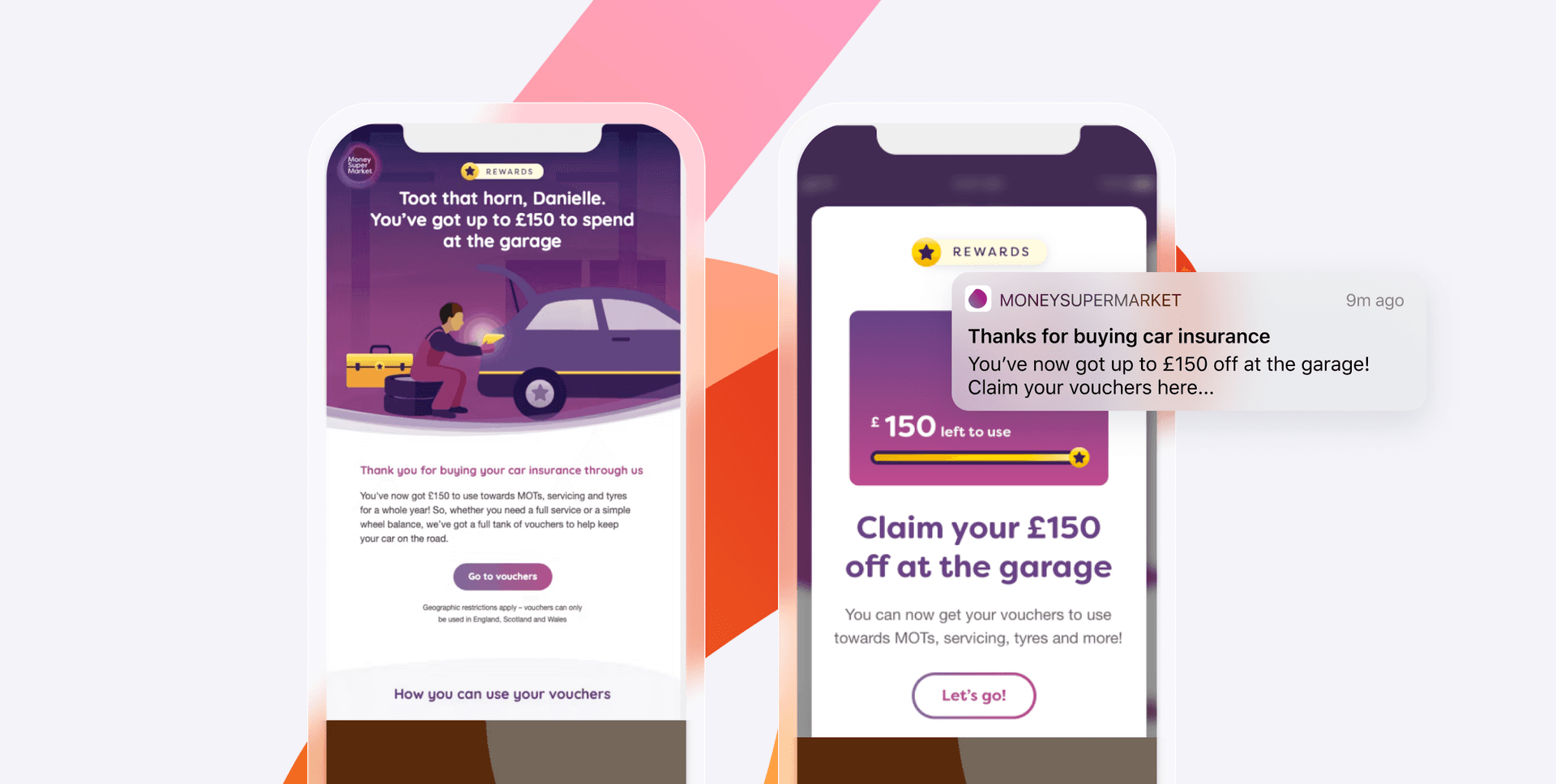 deux écrans de téléphone affichant des messages de MoneySuperMarket