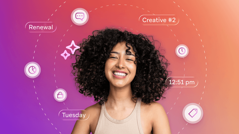 a woman with curly hair is smiling and surrounded by icons that say renewal creative # 2 and tuesday