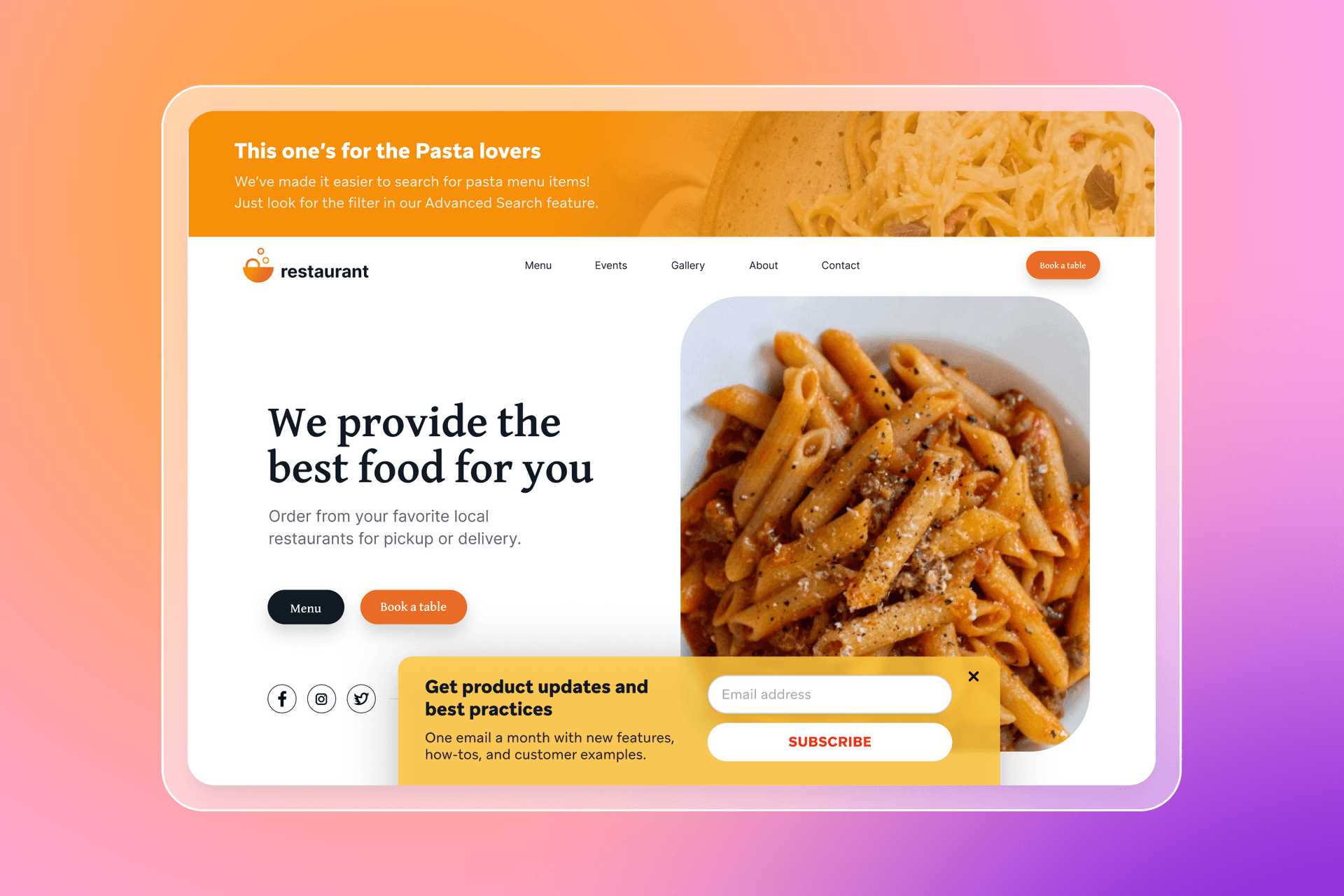 A restaurant website design featuring pasta dishes, a navigation menu, and an email subscription form.