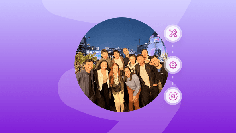 Smiling group photo in a circular frame, with icons for tools, settings, and updates on a purple abstract background.