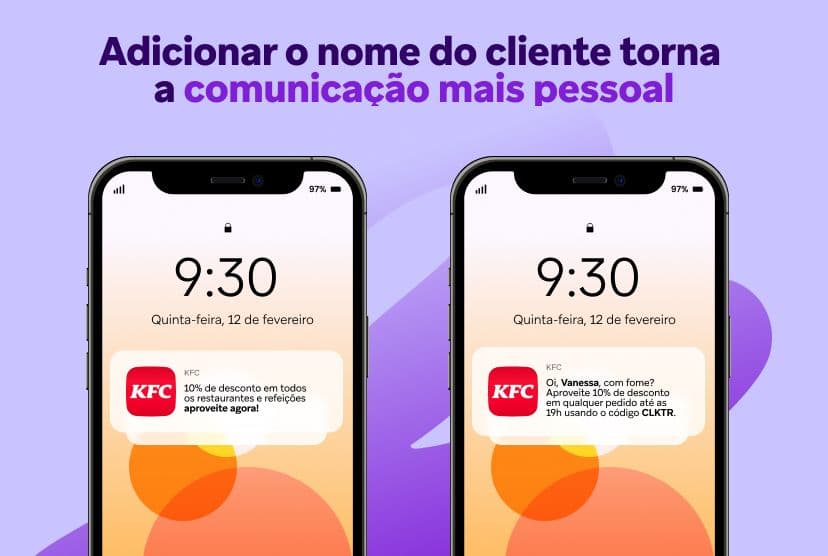 Dois smartphones exibem notificações de desconto do KFC; a da esquerda é genérica, a da direita é personalizada para "Vanessa", demonstrando como adicionar um nome torna a comunicação mais pessoal.