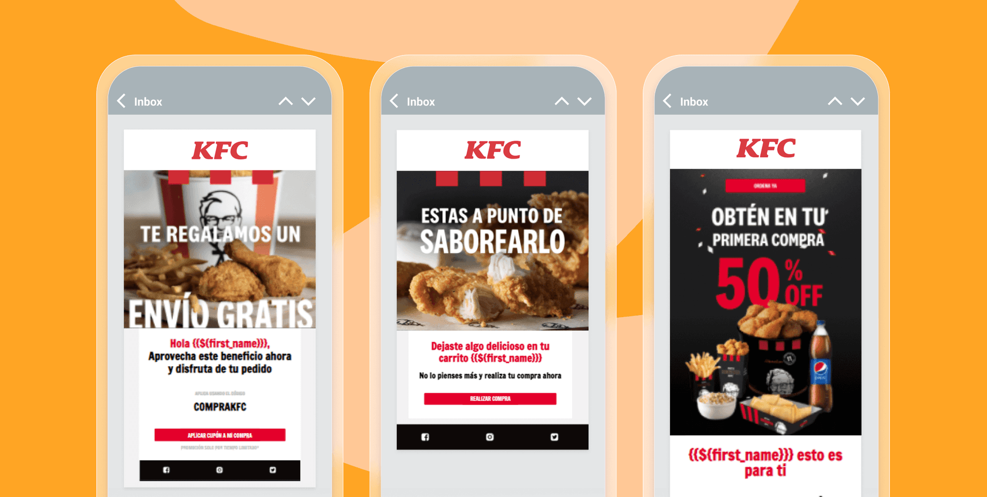 Three smartphone screens display different KFC email marketing campaigns with fried chicken and promotions.