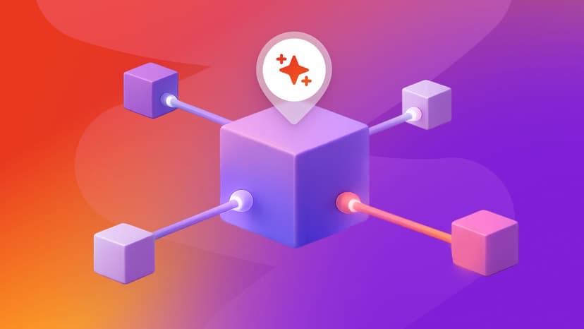 A central cube connected to four smaller cubes, topped with a sparkling location pin.