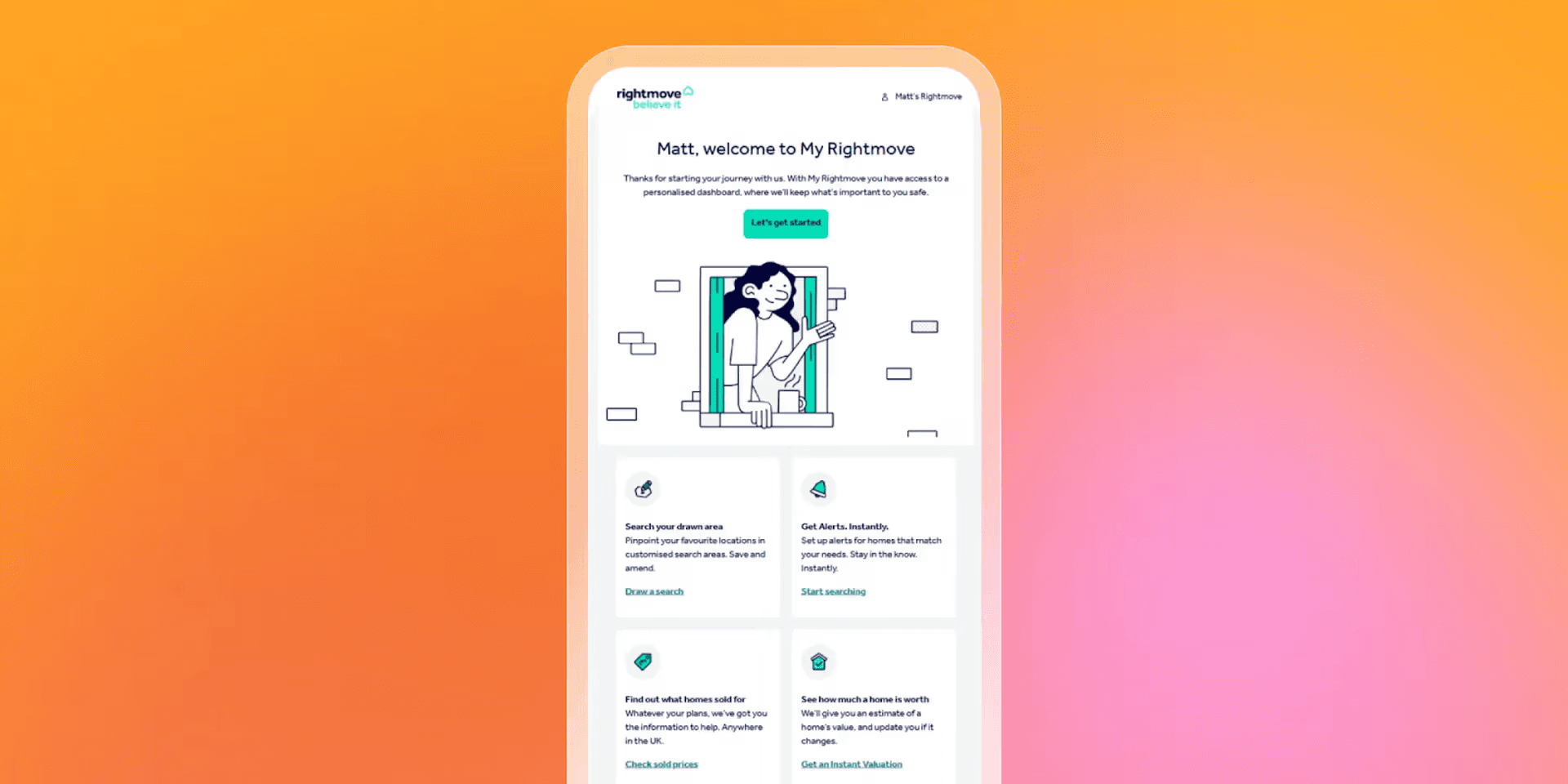 Maquette d’un écran de smartphone affichant une page d’accueil Rightmove personnalisée, avec un message de bienvenue, une illustration d’une personne à une fenêtre et plusieurs cartes de fonctionnalités sur un fond dégradé orange‑rose.