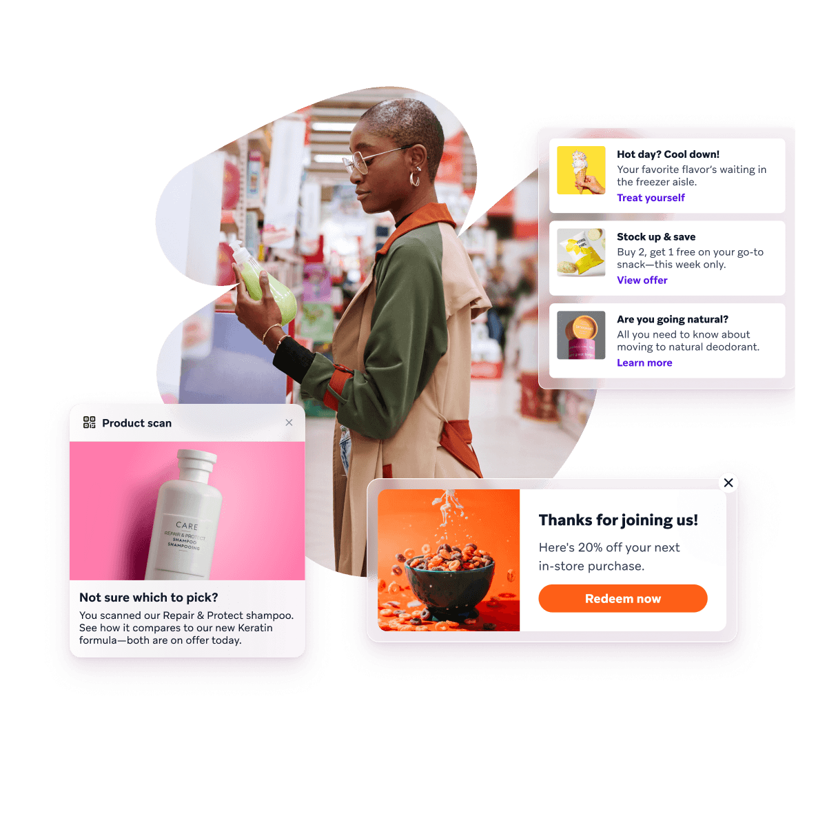 a woman in a store looking at a bottle of care shampoo