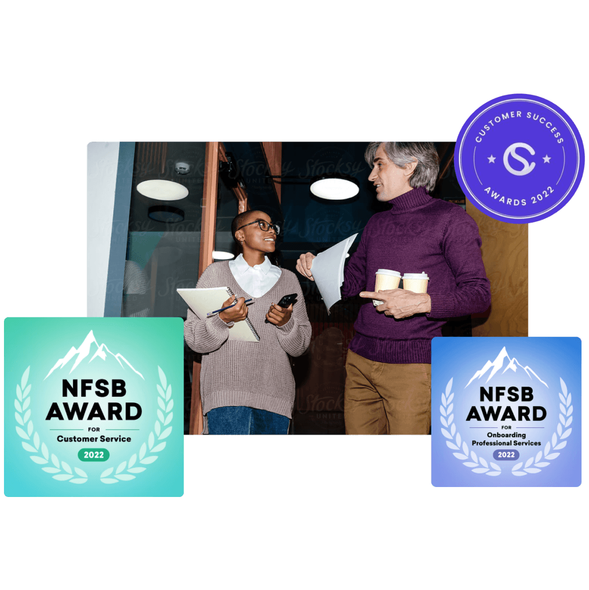 a man and a woman standing next to each other with nfsb awards on the bottom