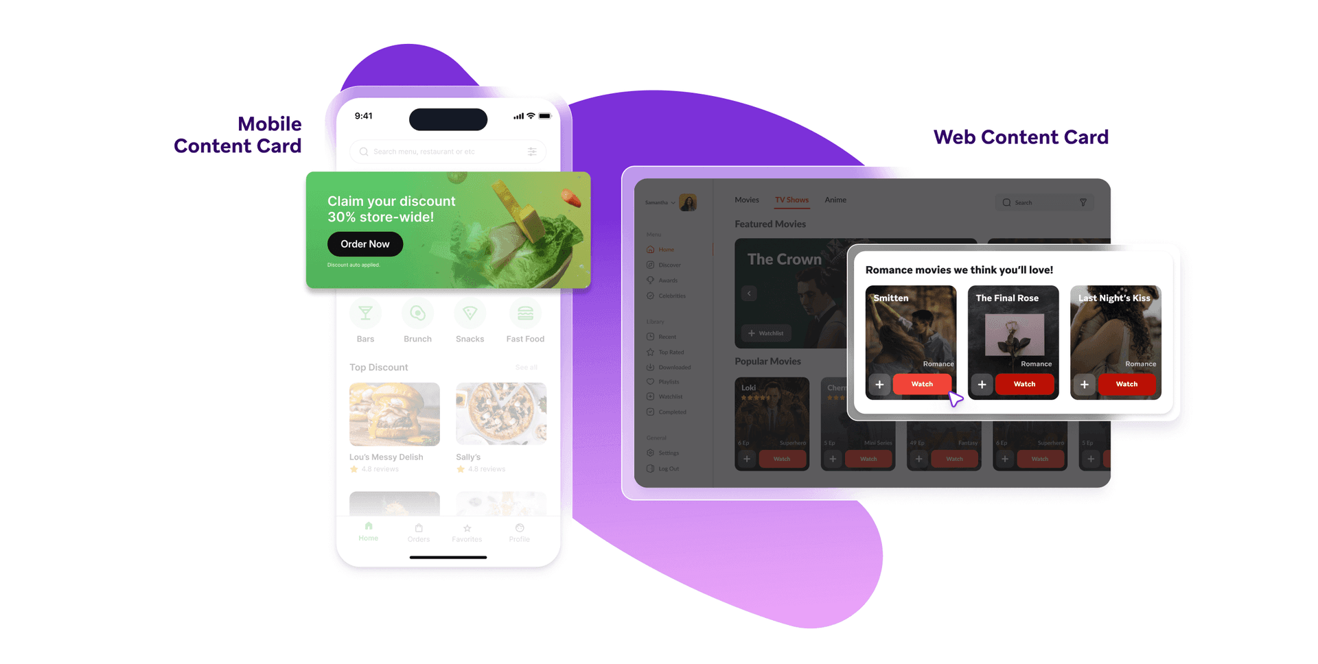 a mobile content card next to a web content card