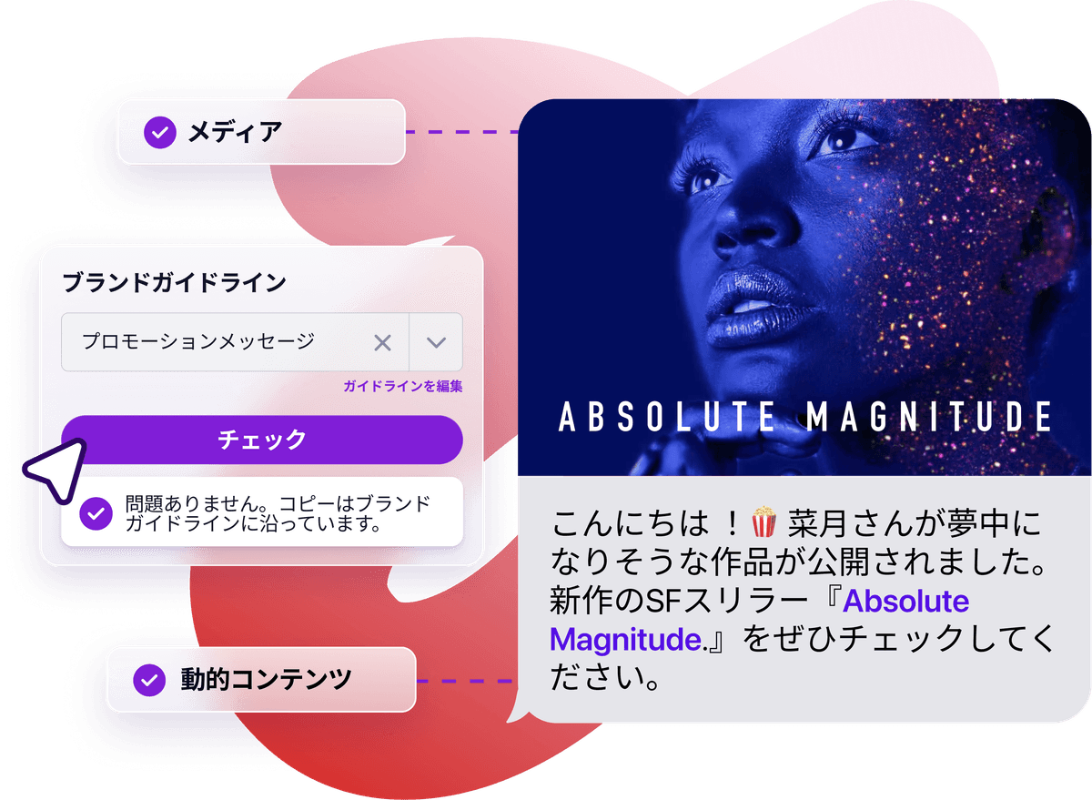 ブランドガイドラインチェック、メディア統合、「Absolute Magnitude」向けのパーソナライズされたメッセージが表示されたコンテンツ作成プラットフォームのインターフェース。