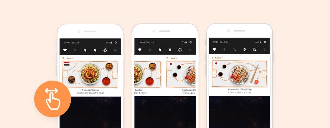 Three smartphone screens showcasing an interactive food app with swiping gestures.