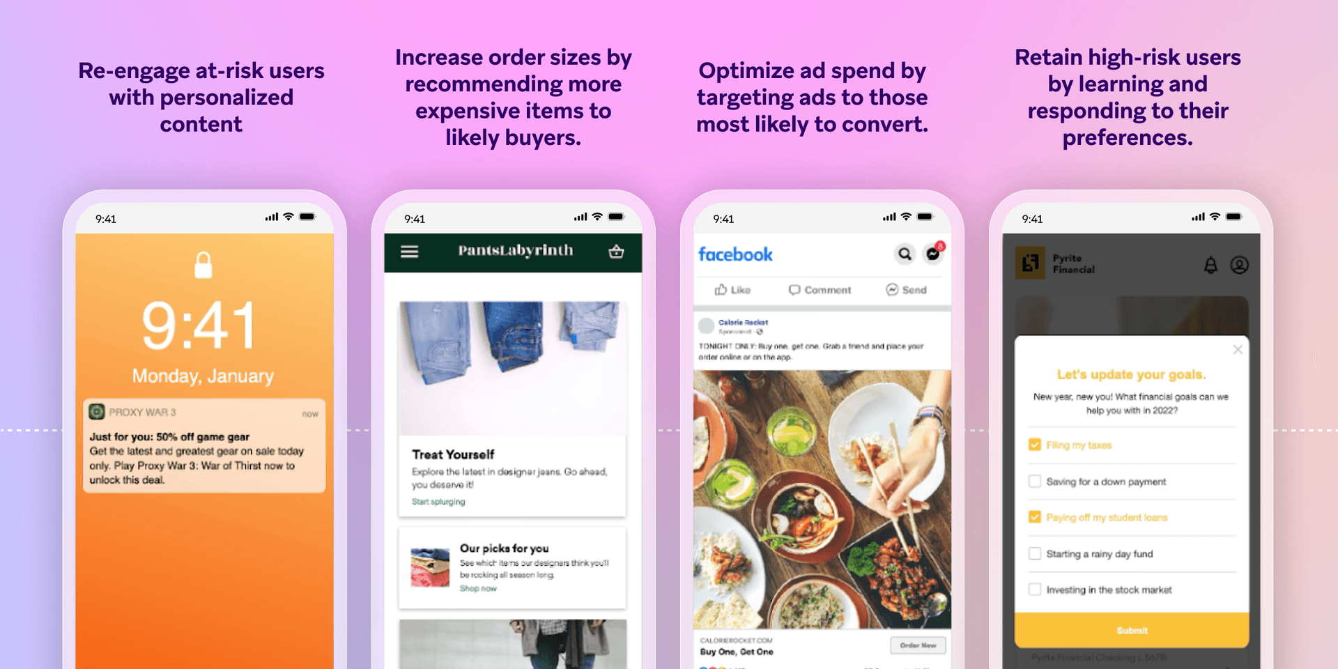 Four smartphone screens illustrating different mobile app strategies for user engagement, personalization, ad targeting, and retention.