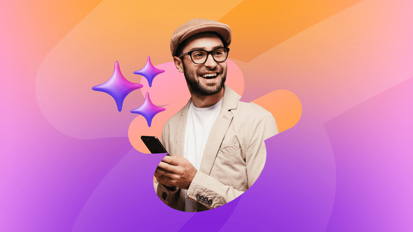 Happy man in a flat cap and glasses holding a phone, with three star emojis, on a vibrant orange and purple background.