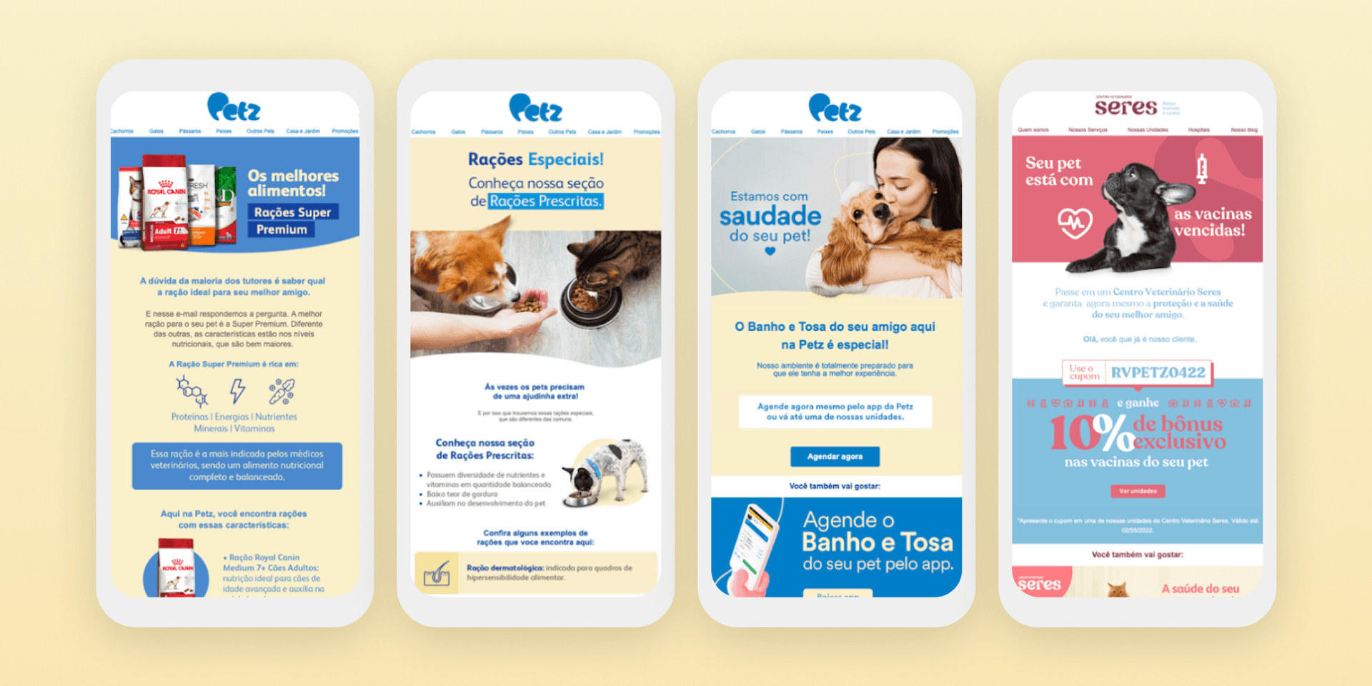 four cell phones with pets on the screens