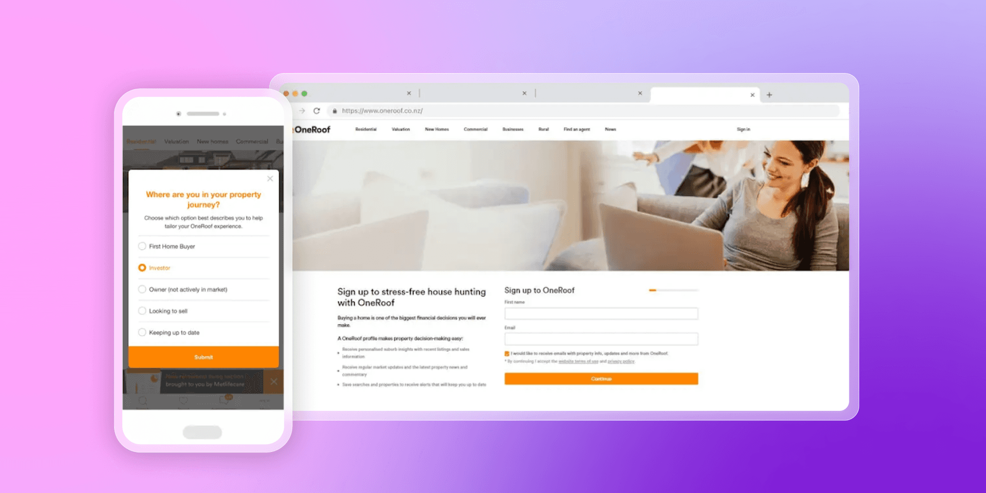 A smartphone displaying a OneRoof property journey questionnaire next to a laptop showing the OneRoof website signup form.