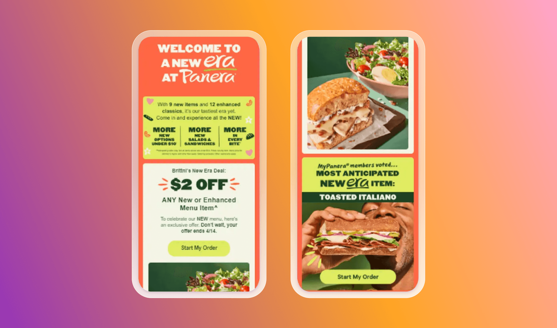 Two mobile phone screens displaying Panera Bread's "New Era" menu promotions, including a $2 off deal and new items like the Toasted Italiano sandwich.
