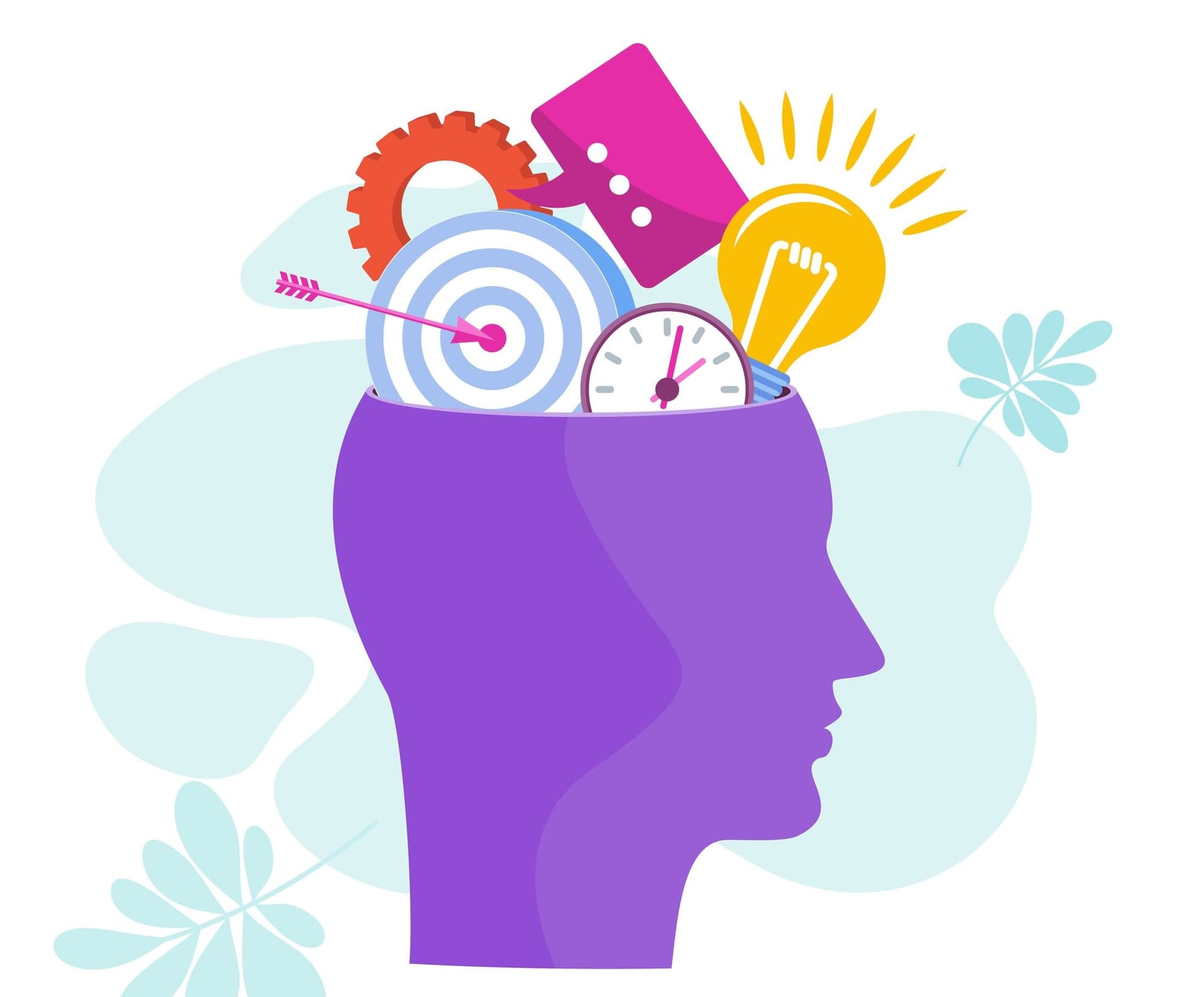 a purple head with a target , light bulb , clock and gears in it .