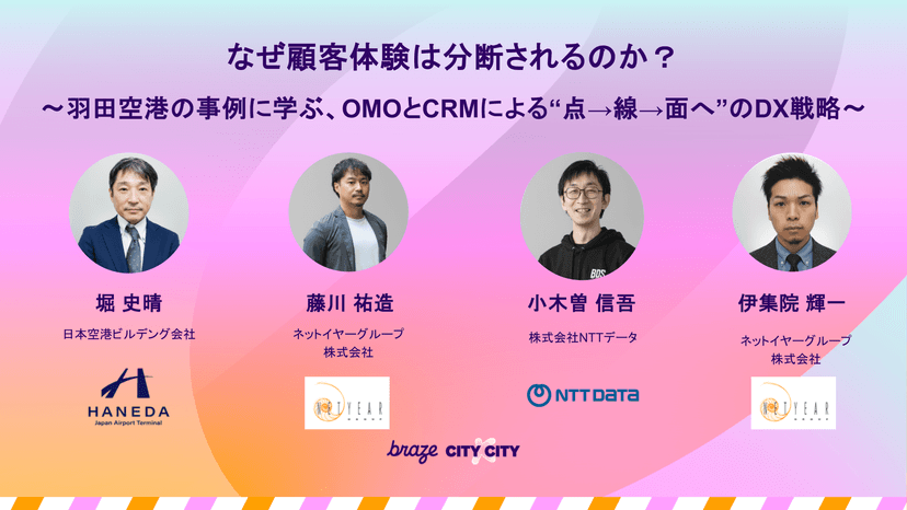 羽田空港、NTTデータ、ネットイヤーグループなどから4名の男性スピーカーが登壇する、DX戦略・OMO・CRMに関するプレゼンテーションのスピーカー紹介スライド。