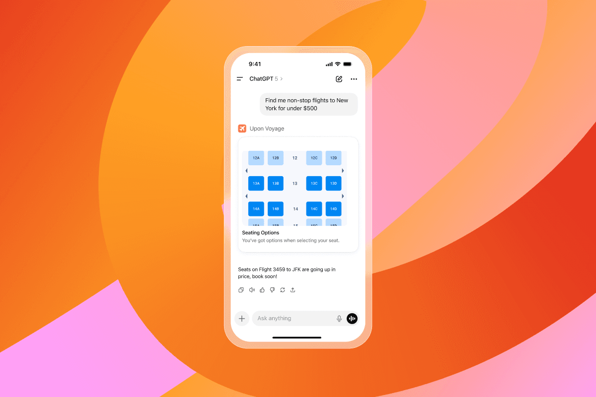 A smartphone displays the ChatGPT app showing flight seating options and a price alert from "Upon Voyage".