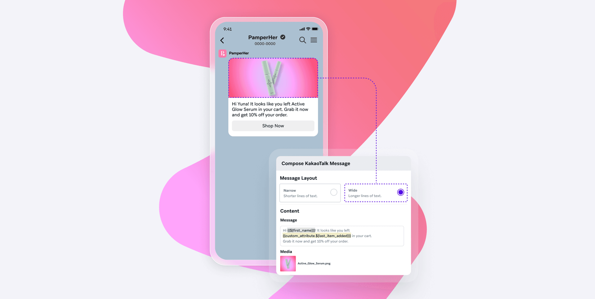 A mobile phone displays a Kakaofolk abandoned cart reminder with a serum image, next to the message composition interface.