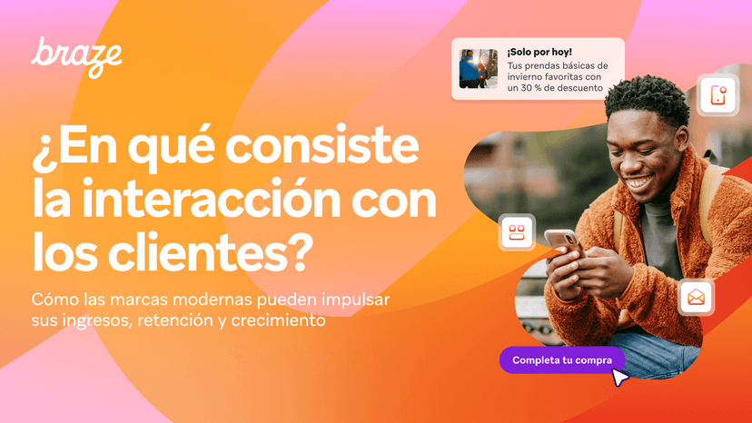 A smiling man uses a phone, surrounded by pop-up notifications about discounts and completing a purchase. Spanish text asks "What is customer interaction?"