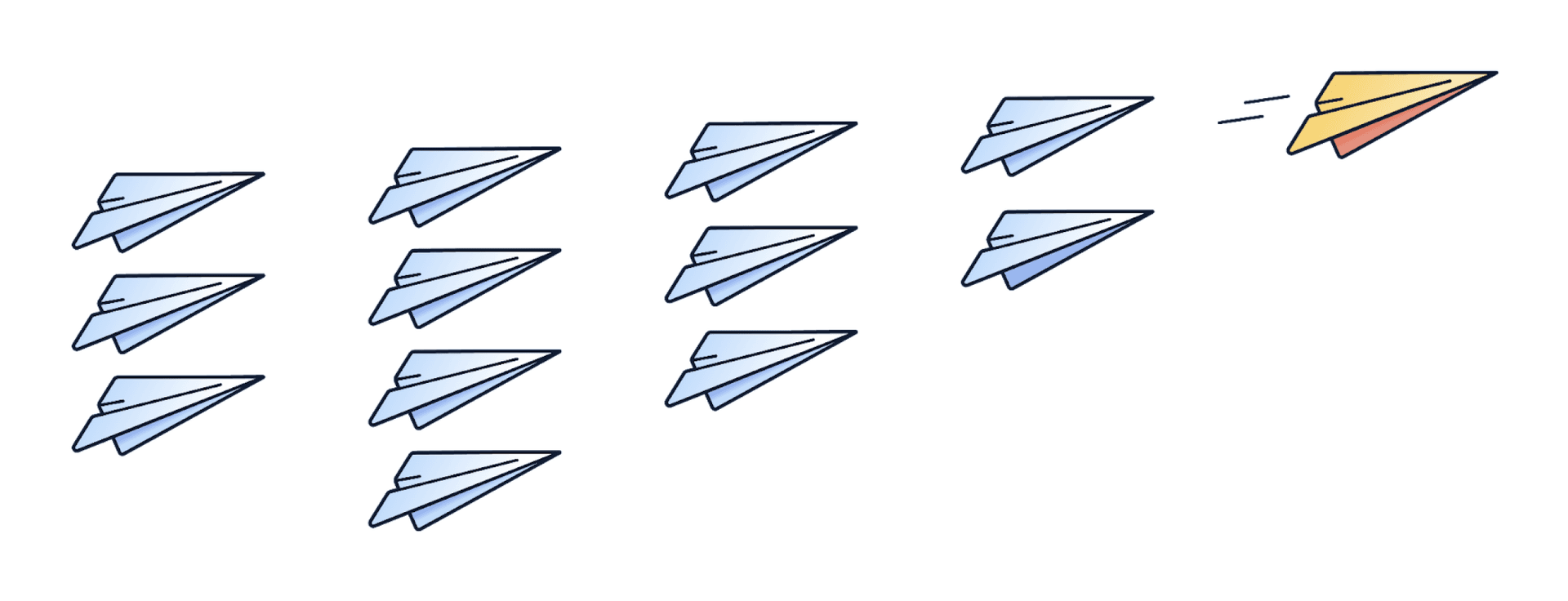 a bunch of paper planes are lined up on a white background