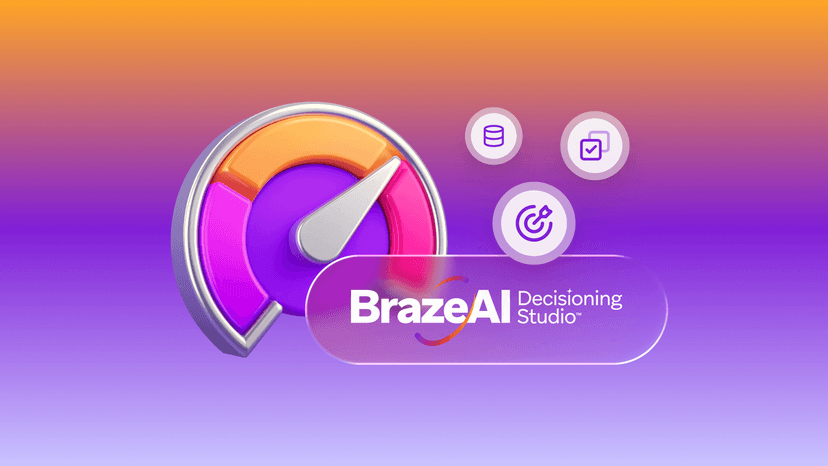 A 3D stylized speedometer indicating high performance, with the text "BrazeAI Decisioning Studio™" alongside icons for database, checklist, and target, on an orange to purple gradient background.