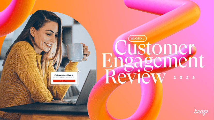 A smiling woman views a "Congratulations, Silvana!" message on her laptop, with large text reading "Global Customer Engagement Review 2025" and vibrant pink and orange abstract shapes.