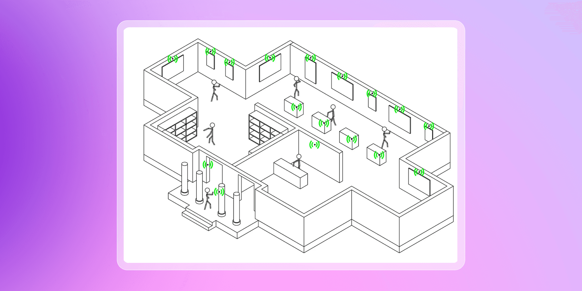 an isometric drawing of a store with a purple background