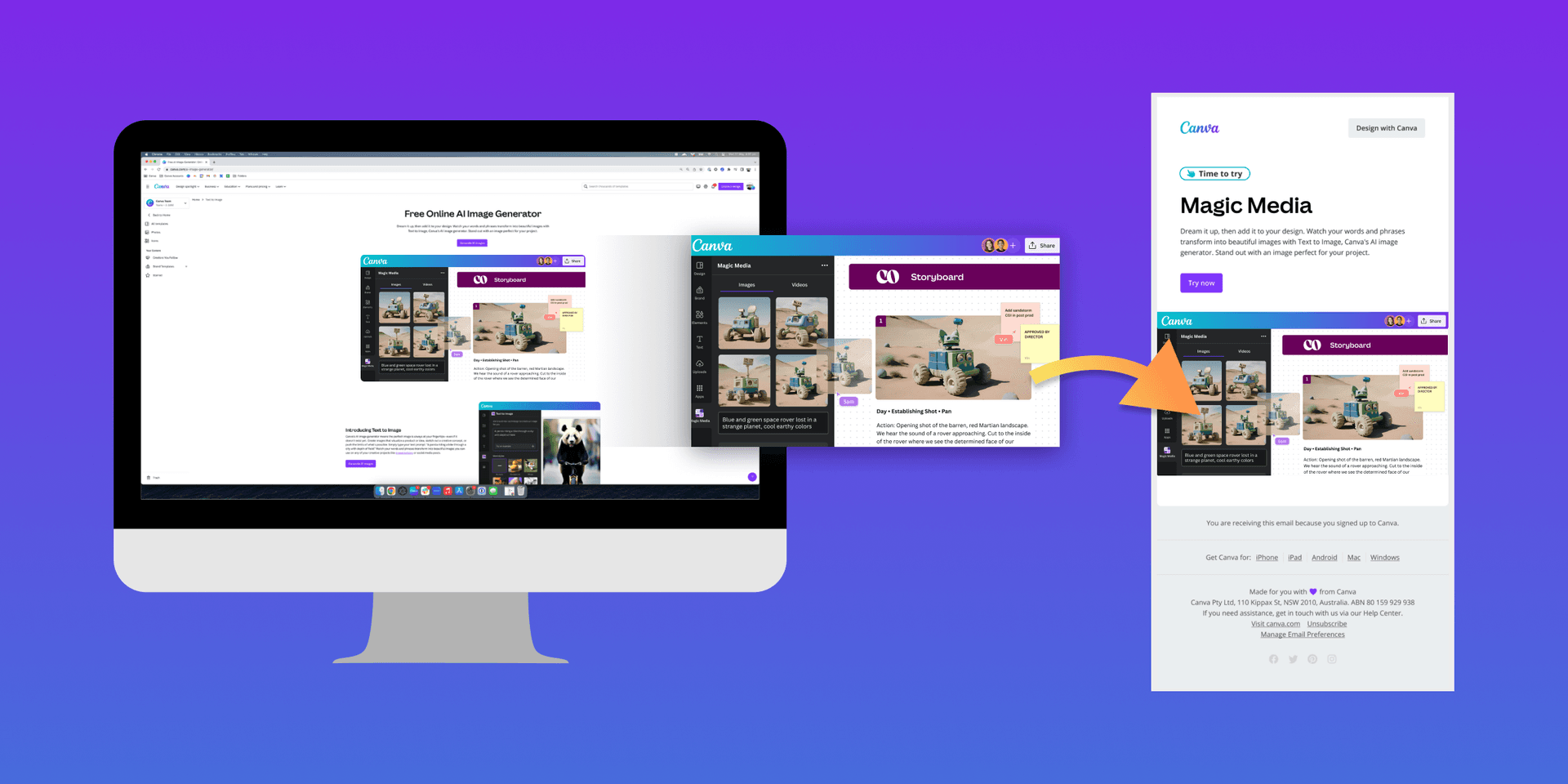 Campagne Time to try de Canva sur appareils mobiles et ordinateurs