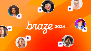 a group of people surrounding by the braze 2024 logo