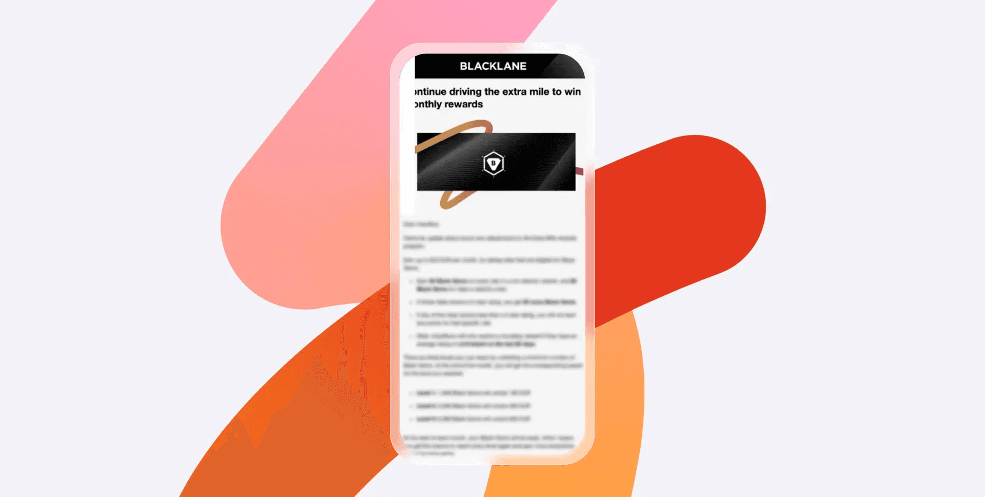 スマートフォンに、抽象的なカラフルな形状を背景に、ブラックカードグラフィックをフィーチャーした、blacklaneからの月間rewardに関するメールが表示されている