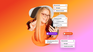 a woman giving a thumbs up with a flow chart behind her