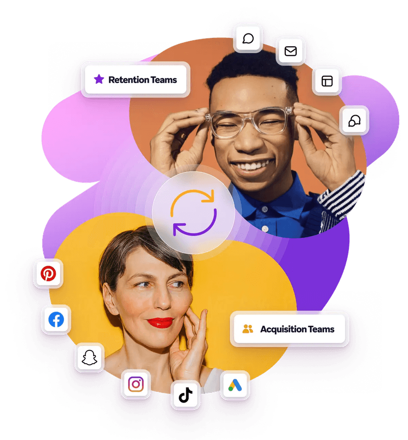 a man and a woman are surrounded by icons for retention teams and acquisition teams