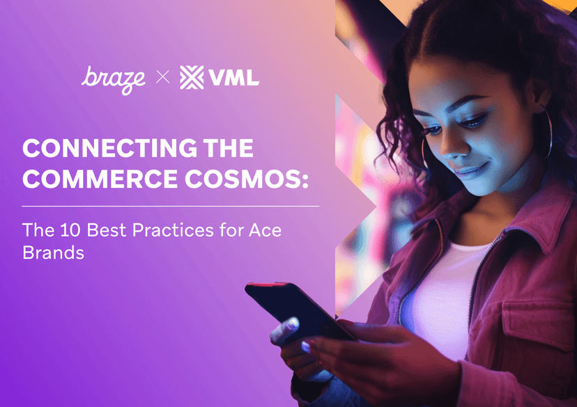 a woman is looking at her phone with the words braze x vml behind her