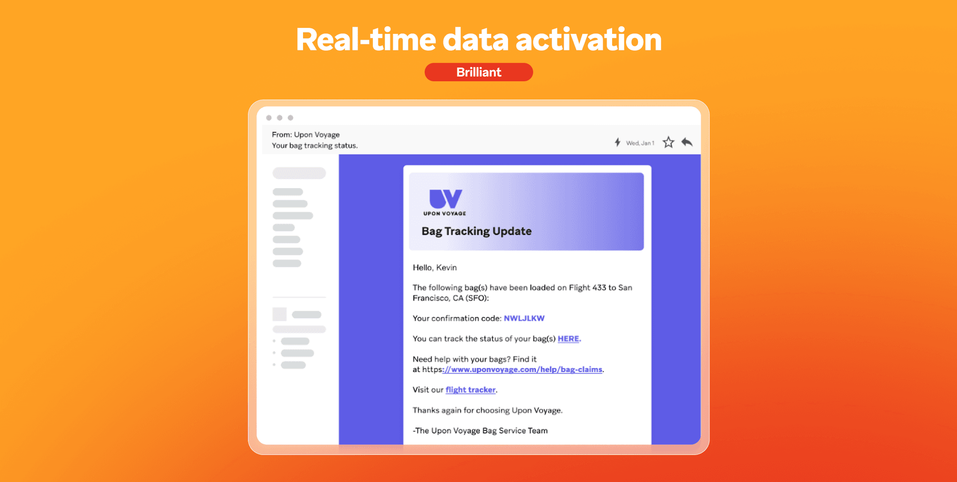 An email on a laptop screen shows a real-time bag tracking update from "Upon Voyage" for a flight to San Francisco, demonstrating real-time data activation.