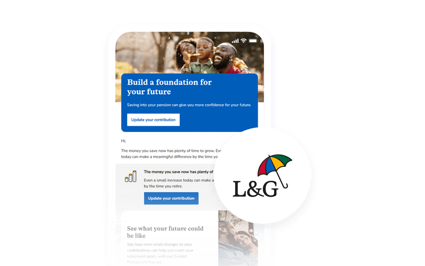 年金情報とL&Gのロゴが表示された金融アプリを起動したスマートフォン。
