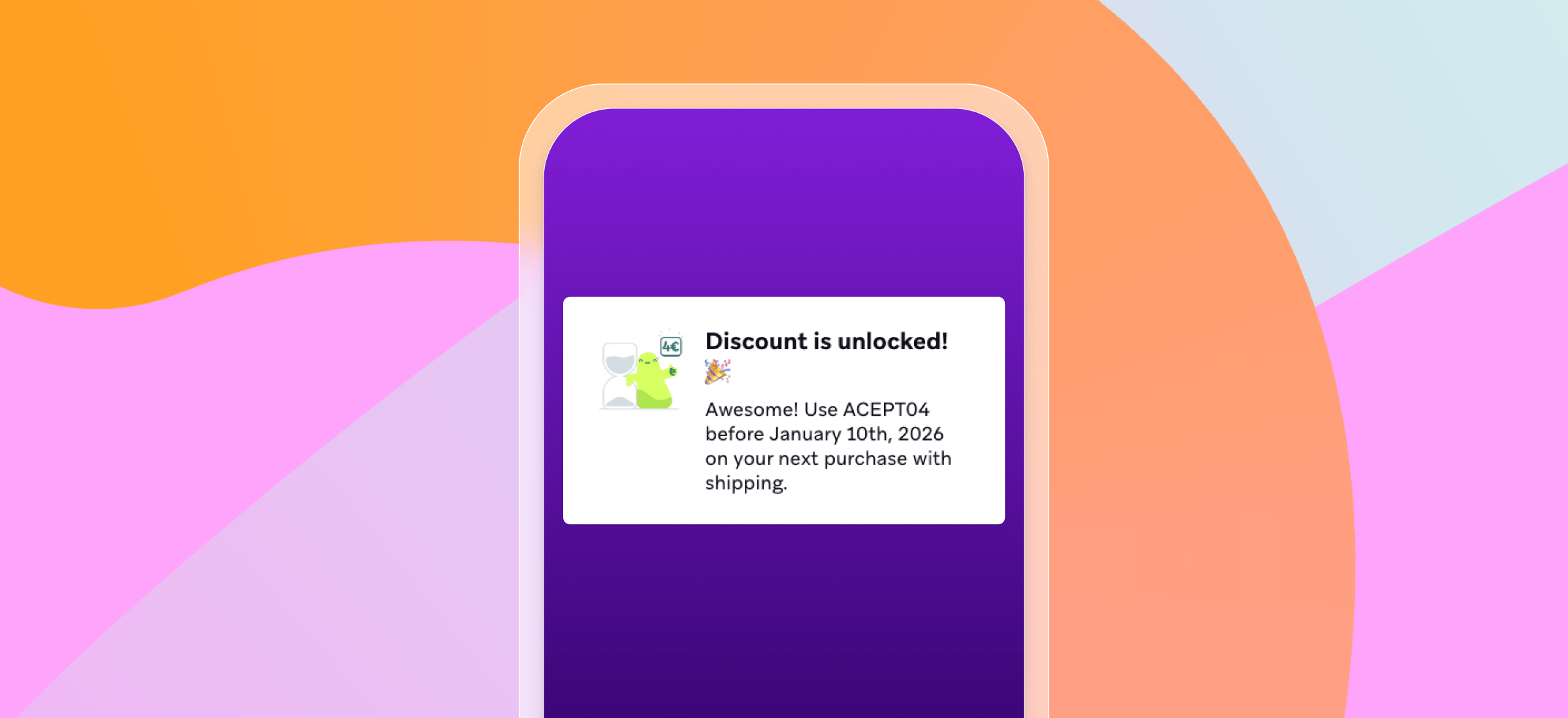A purple smartphone displays an "Awesome! Discount is unlocked!" notification on its screen, set against a vibrant orange and pink background.