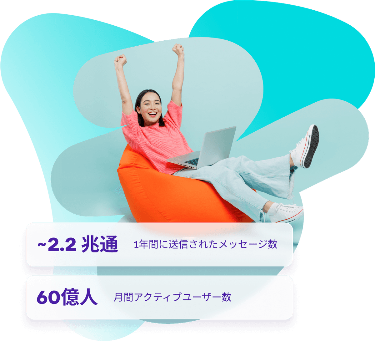 a woman is sitting on a bean bag chair with a laptop