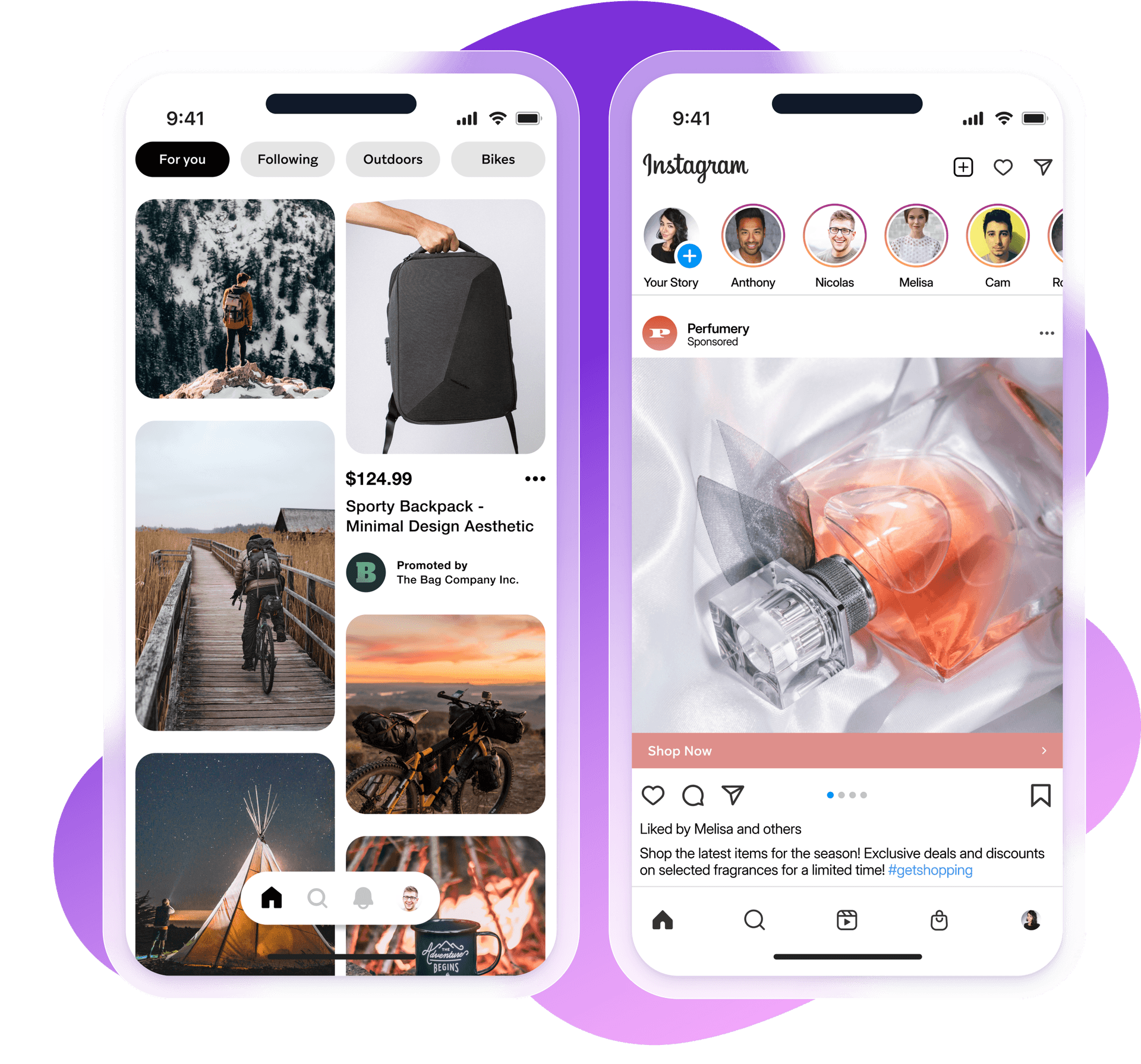 two cell phones are open to a pinterest page and an instagram page