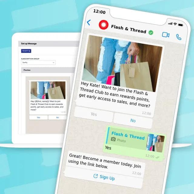 Smartphone exibindo uma conversa de bate-papo promovendo um clube de recompensas "Flash & Thread" com uma imagem de compra e um botão "Inscrever-se".
