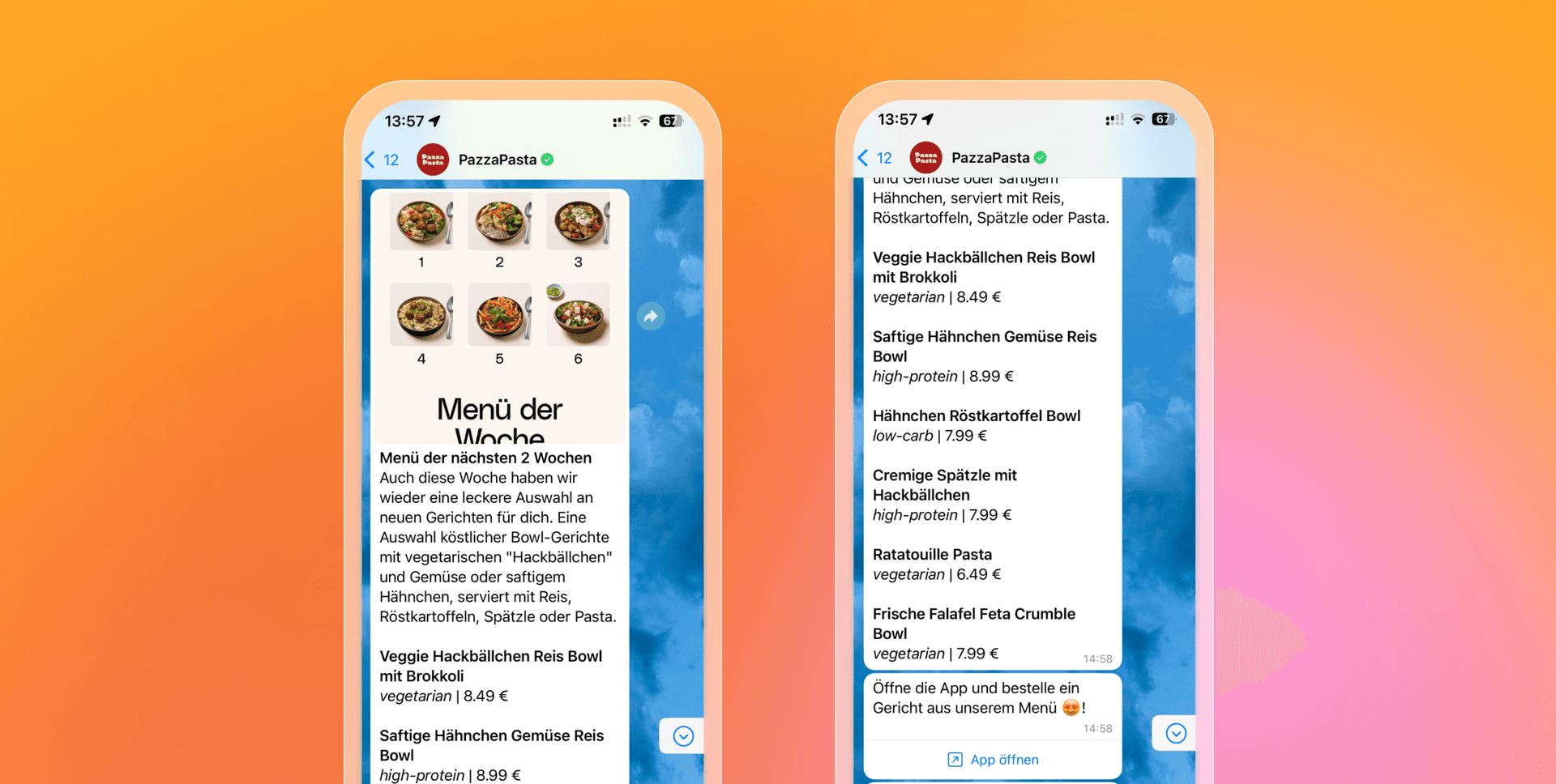 Two WhatsApp messages showing the menu of the week
