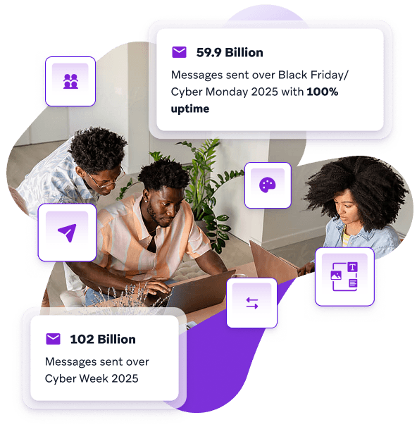 Three people work on laptops amidst purple abstract graphics and text boxes displaying billions of messages sent during Cyber Week and Black Friday/Cyber Monday 2025.