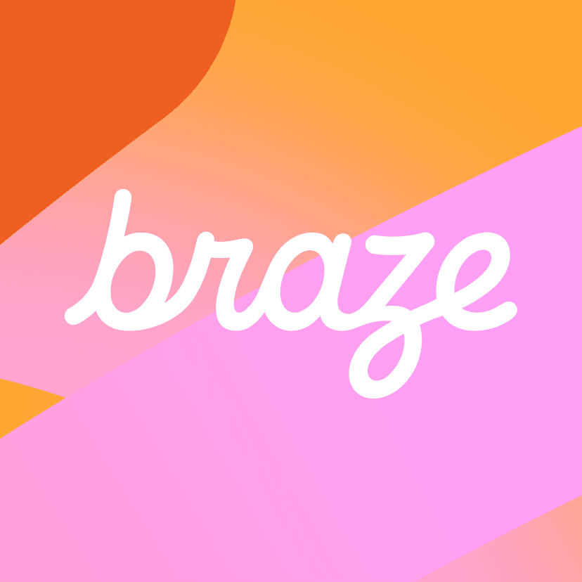 A palavra "braze" em fonte cursiva branca sobre um fundo abstrato de formas laranja, amarelas e rosas.
