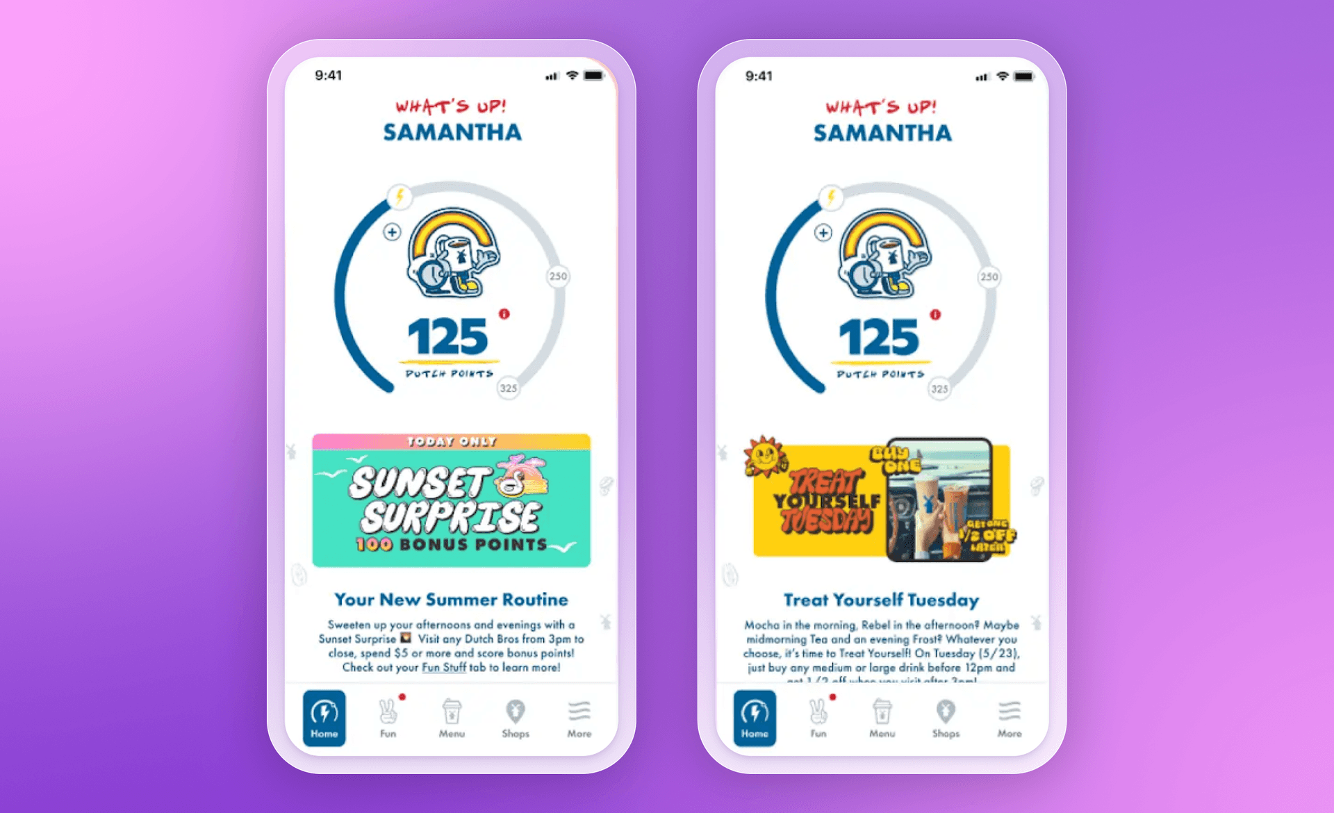 a screenshot of a dutch bros app on a purple background